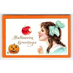 Vintage 1907-1915 Halloween Greetings Postcard with Girl & Jack-O'-Lantern
